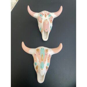 Set of 2 Vintage Ceramic Bull Skull Wall Decor Pair Southwestern Boho Pastel